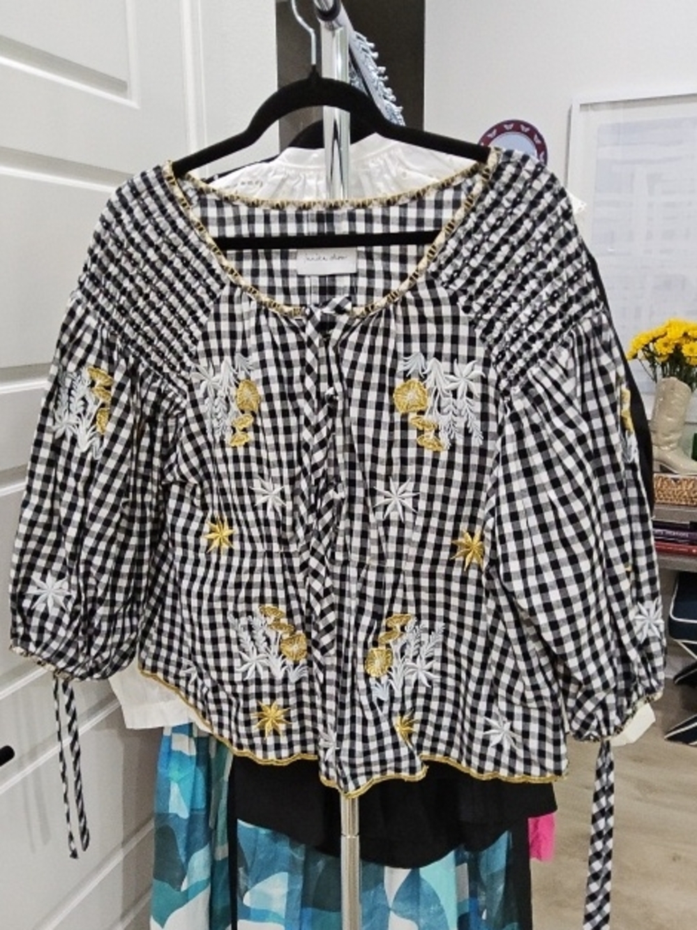 Embroidered Black & White Gingham Peasant Blouse - One Size Fits All